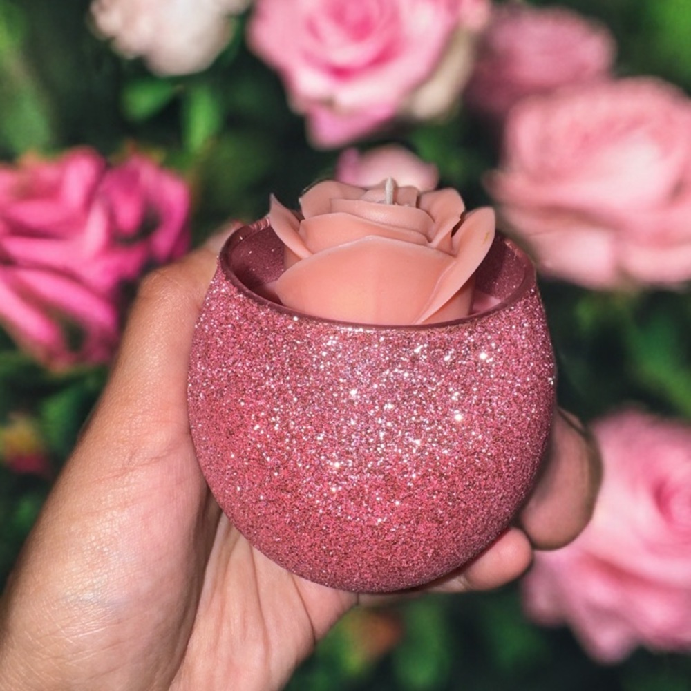 Set of 2 Granny’s Garden Rose Candles | Pink & Purple Glitter Holders